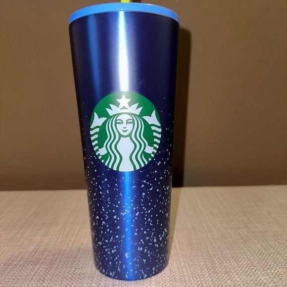 Starbucks Venti Metal Tumbler Blue Speckles Yellow Straw Cold Cup NWT - Picture 2 of 6